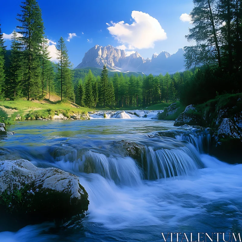 Scenic Forest Stream with Mountain Backdrop AI Image