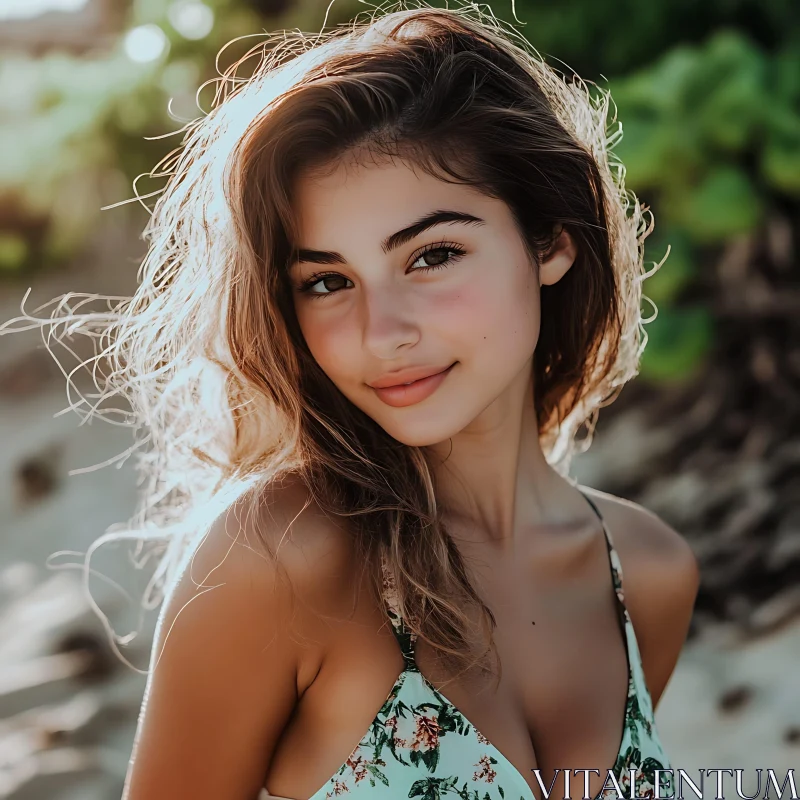 Radiant Woman Portrait at the Beach AI Image