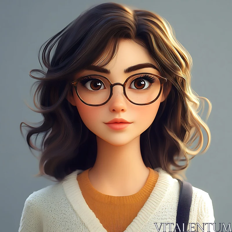 Cute Anime Girl Portrait with Wavy Hair and Glasses AI Image