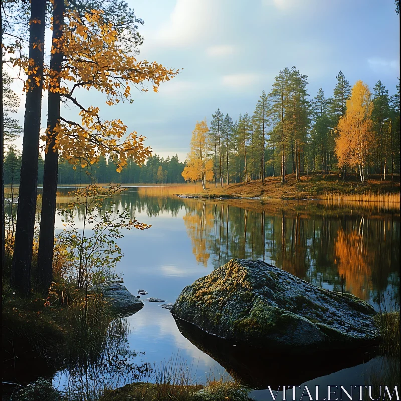 Autumn Lake Reflection with Trees and Mossy Rocks AI Image