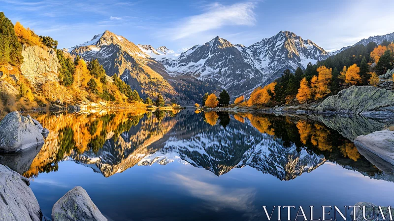 Mirror Reflection of Snow-Capped Peaks in Lake AI Image