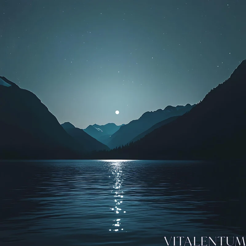 Tranquil Night Landscape with Moonlit Lake AI Image