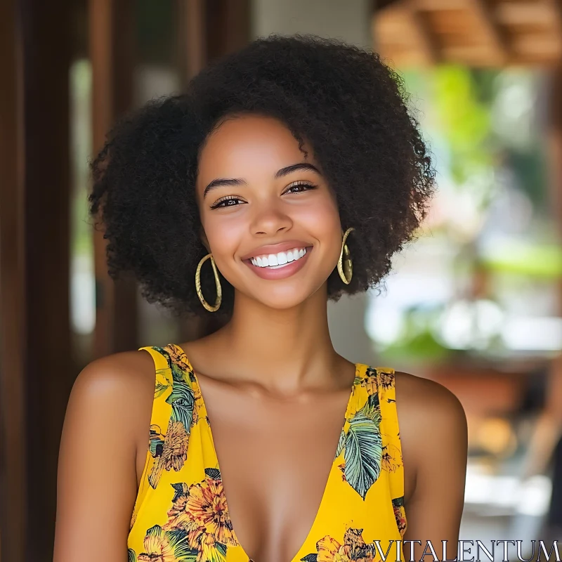 Smiling Woman with Afro and Yellow Dress AI Image