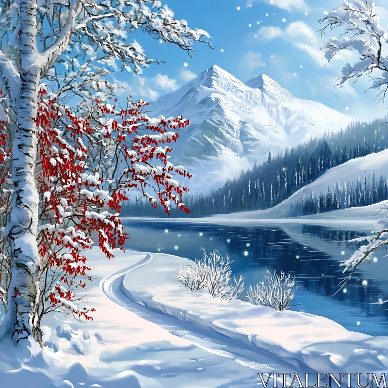 Scenic Snow-Covered Pathway by Frozen Lake in Winter Wonderland AI Image