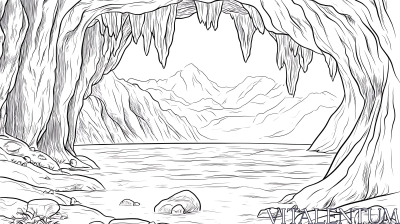 Nature's Grandeur: Line Drawing of a Cave and Mountain AI Image