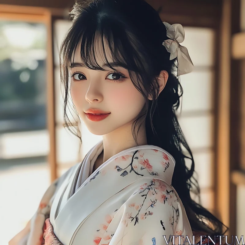 Graceful Japanese Woman in Floral Kimono AI Image