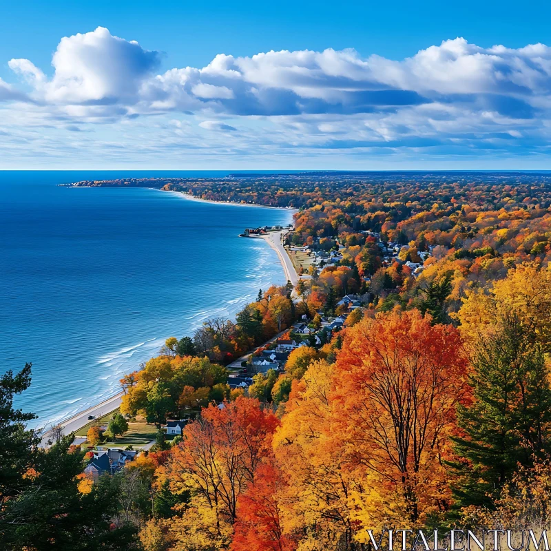 Coastal Autumn scenery with colorful leaves AI Image