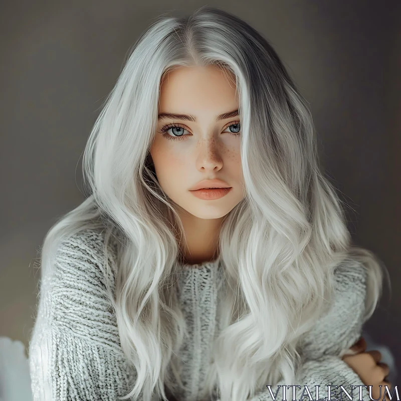 AI ART Young Woman with Silver Hair in a Grey Sweater