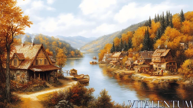 Charming Lakeside Village in Autumn AI Image