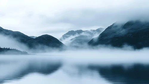 Peaceful Foggy Morning Over a Mountain Lake