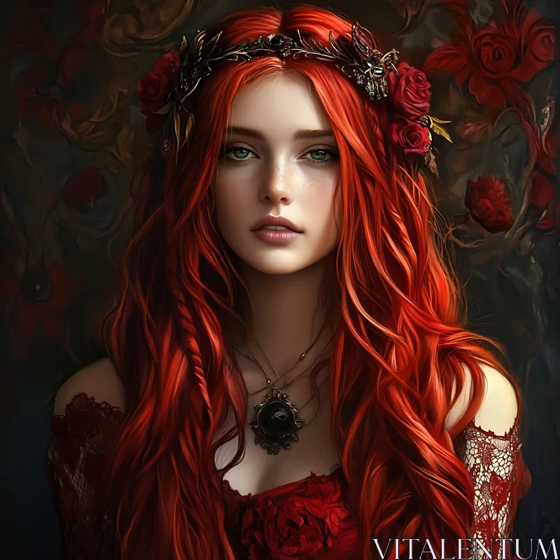 Woman with Red Hair in Floral Crown AI Image