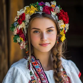 Traditional Portrait of a Woman with Braided Hair and Flower Crown