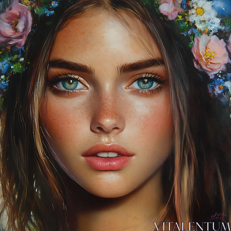 Floral Adorned Woman with Blue Eyes AI Image