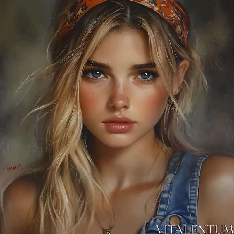 Blonde Woman with Freckles Wearing Headband and Denim AI Image