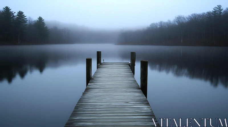 Misty Morning Over a Calm Lake with Wooden Pier AI Image