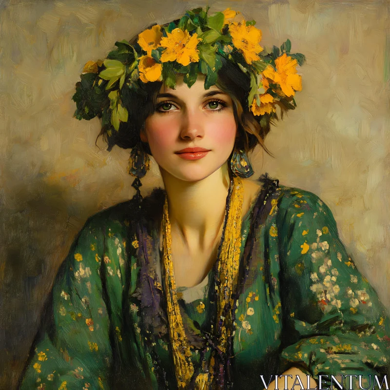 Woman With Flower Crown and Green Traditional Dress AI Image