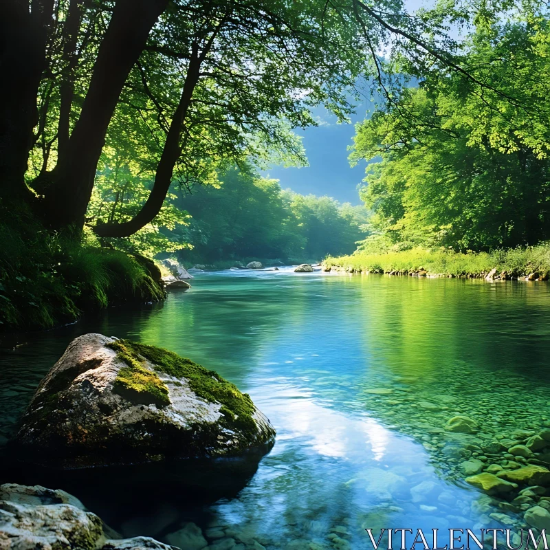 Tranquil Nature Scene with Sunlit River and Mossy Rocks AI Image