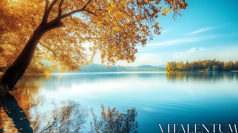 Calm Lake with Golden Autumn Leaves AI Image