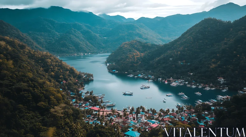 Idyllic Lakeside Community in Mountainous Region AI Image