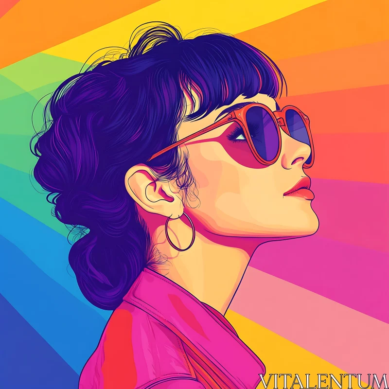 Vibrant Retro Woman's Portrait with Sunglasses AI Image