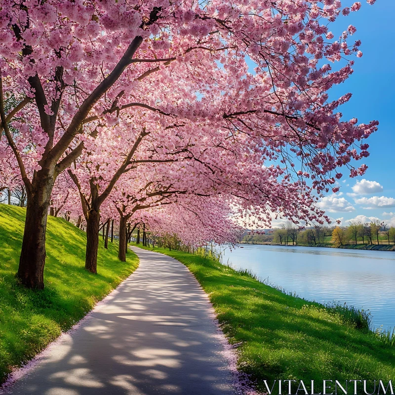 Blooming Cherry Blossoms by the Riverside AI Image