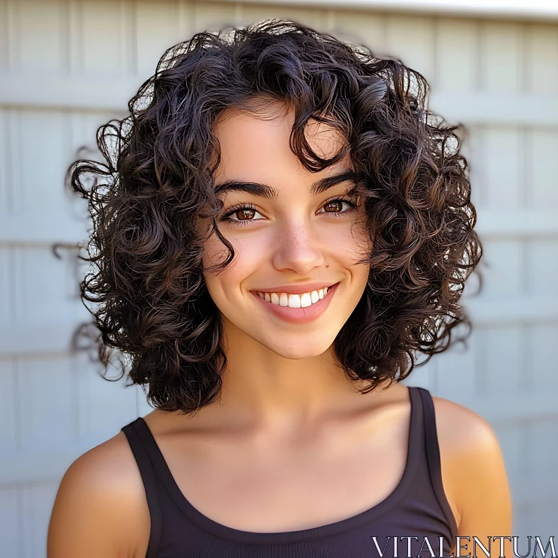 Curly-Haired Woman Smiling Outdoors AI Image