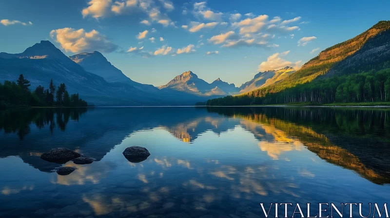 Tranquil Lake at Sunset Reflecting Majestic Mountains AI Image