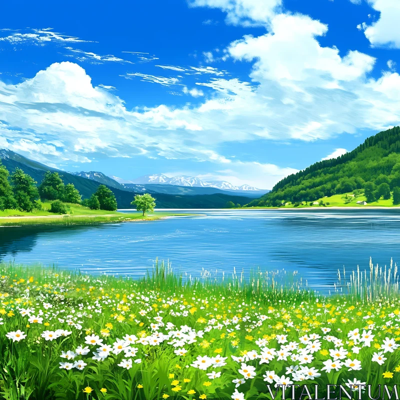 AI ART Peaceful Lakeside Scenery with Wildflowers