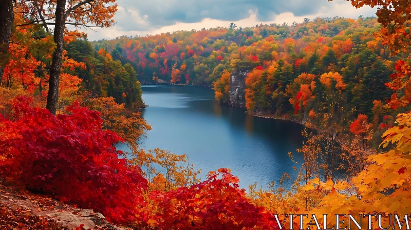 Tranquil Lake with Autumn Foliage in Full Bloom AI Image