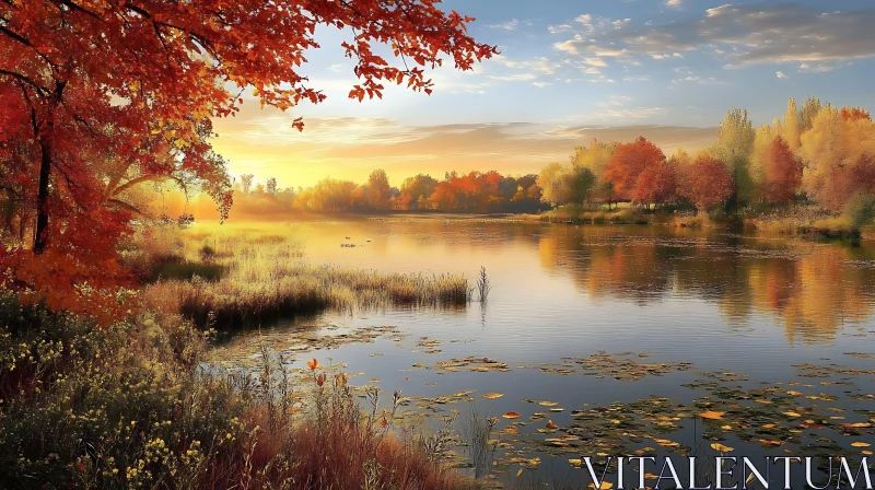 Autumnal Lake with Sunrise Reflection AI Image