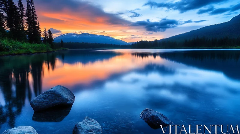 AI ART Tranquil Lakeside Sunset with Mountain Views