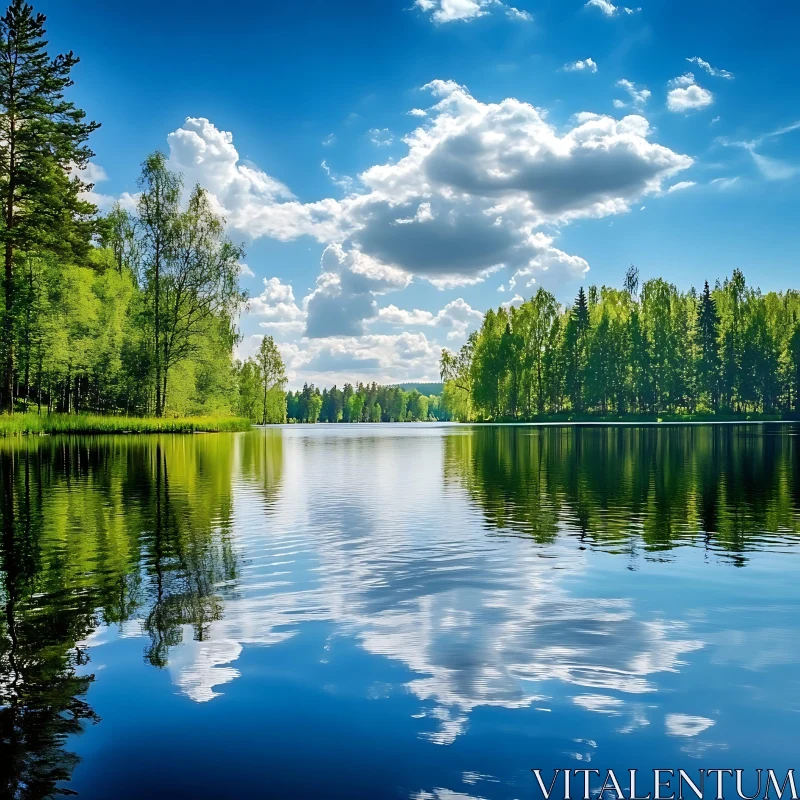 Tranquil Lake with Lush Forest Reflections Under Blue Sky AI Image