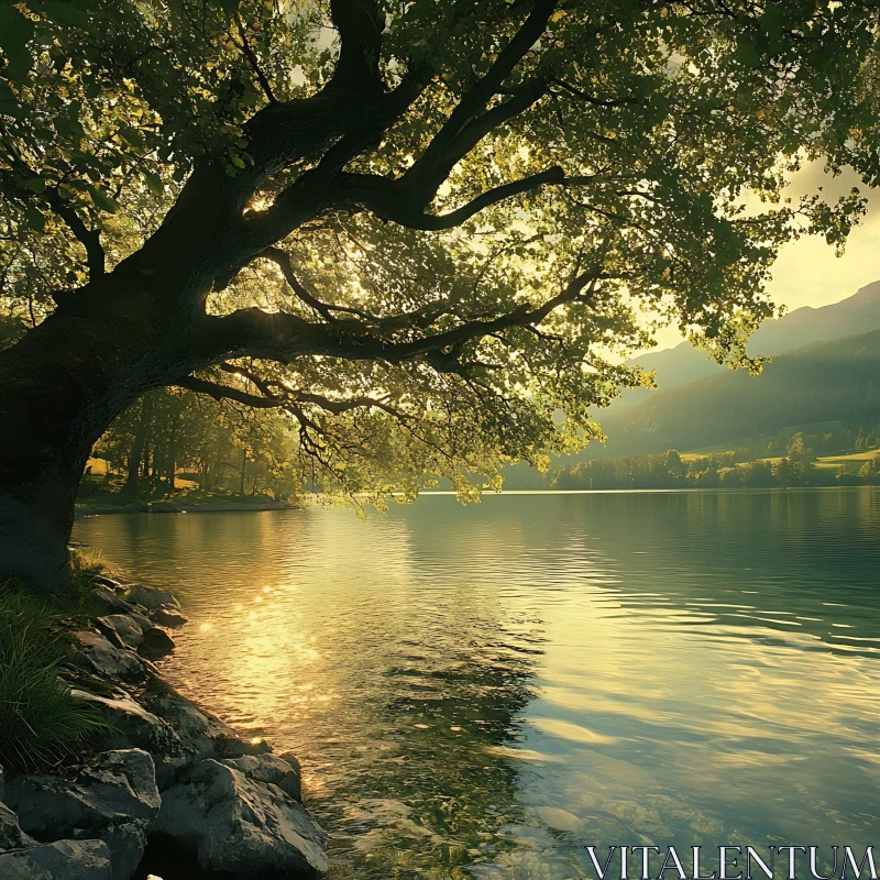 AI ART Tranquil Lake with Sunlit Tree