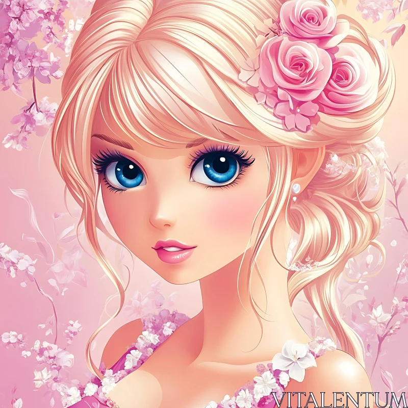 AI ART Blonde Anime Girl with Floral Background