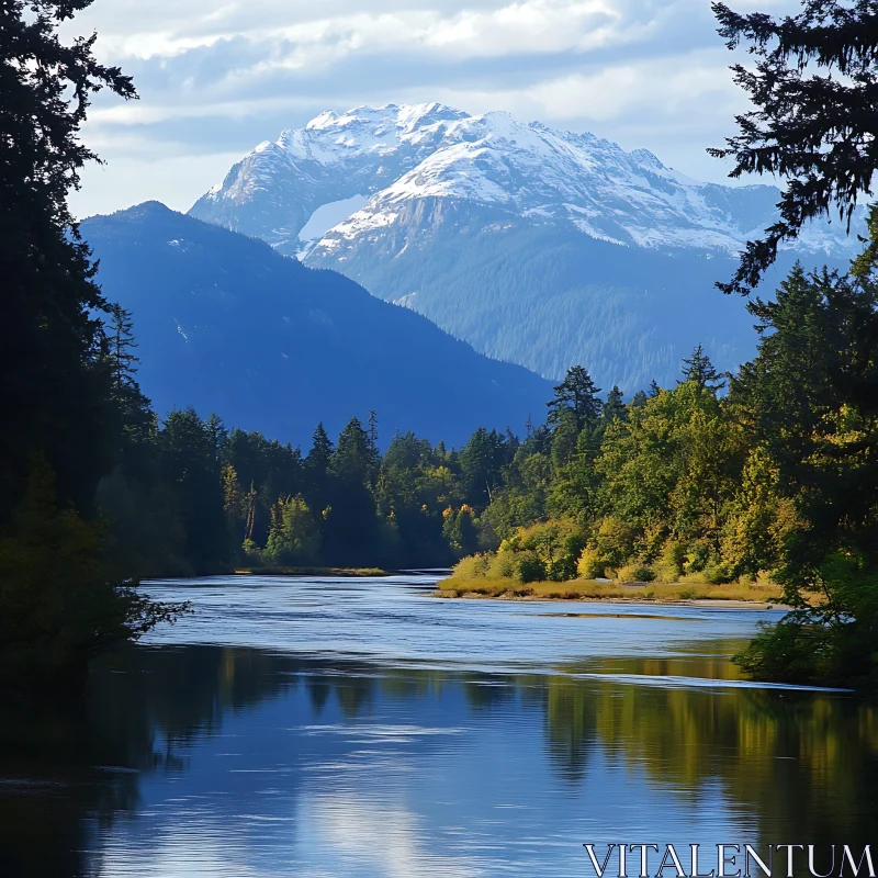 Peaceful River Scene with Forest and Mountain AI Image