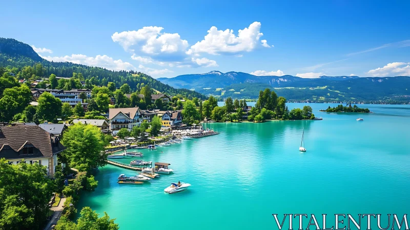 Scenic Village by the Lake with Boats and Mountains AI Image