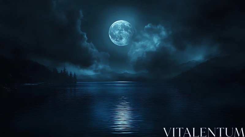 Tranquil Moonlit Lake Amidst Mountains AI Image