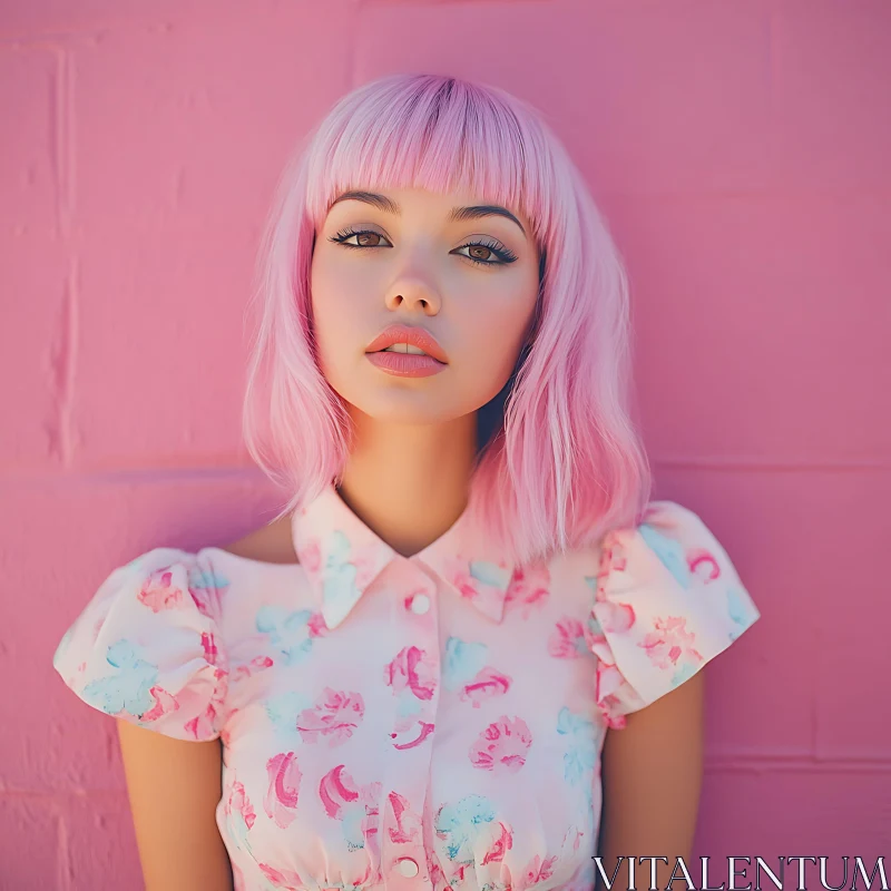 Woman with Pastel Pink Hair in Floral Dress against Pink Backdrop AI Image