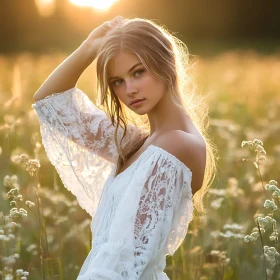 Woman Standing in a Flower Field at Sunset