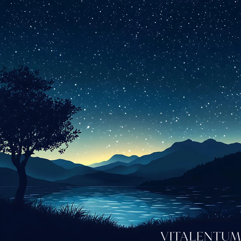 Starry Night Landscape with Mountains and Lake AI Image