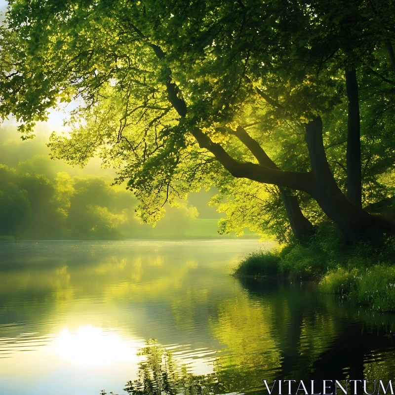 Peaceful Lake with Reflective Water and Greenery AI Image