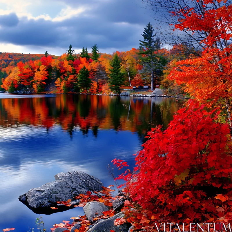 Vibrant Autumn Colors at a Tranquil Lake AI Image