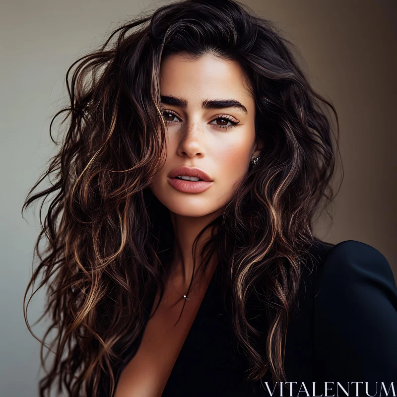 Intense Gaze Portrait of a Woman with Voluminous Hair AI Image