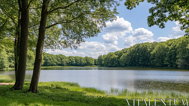 Peaceful Lake View with Greenery and Blue Sky AI Image