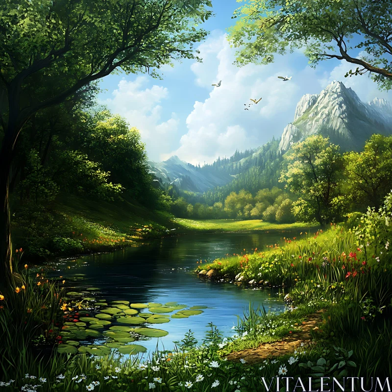 Serene Landscape with River and Mountains AI Image