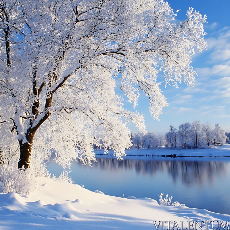 Peaceful Snow-Covered Trees by a Tranquil River in Winter AI Image