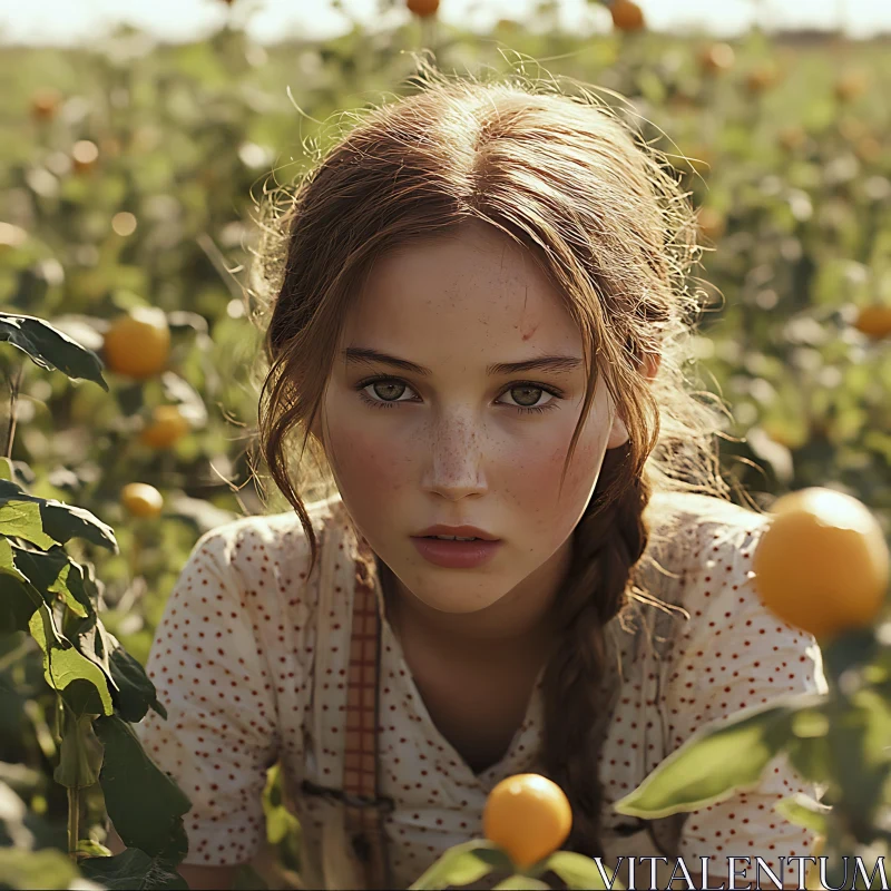 AI ART Red-Haired Girl with Freckles in Rural Field