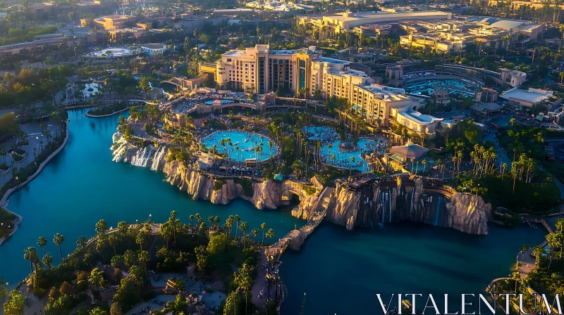 Aerial Shot of Tropical Resort with Pools & Palm Trees AI Image