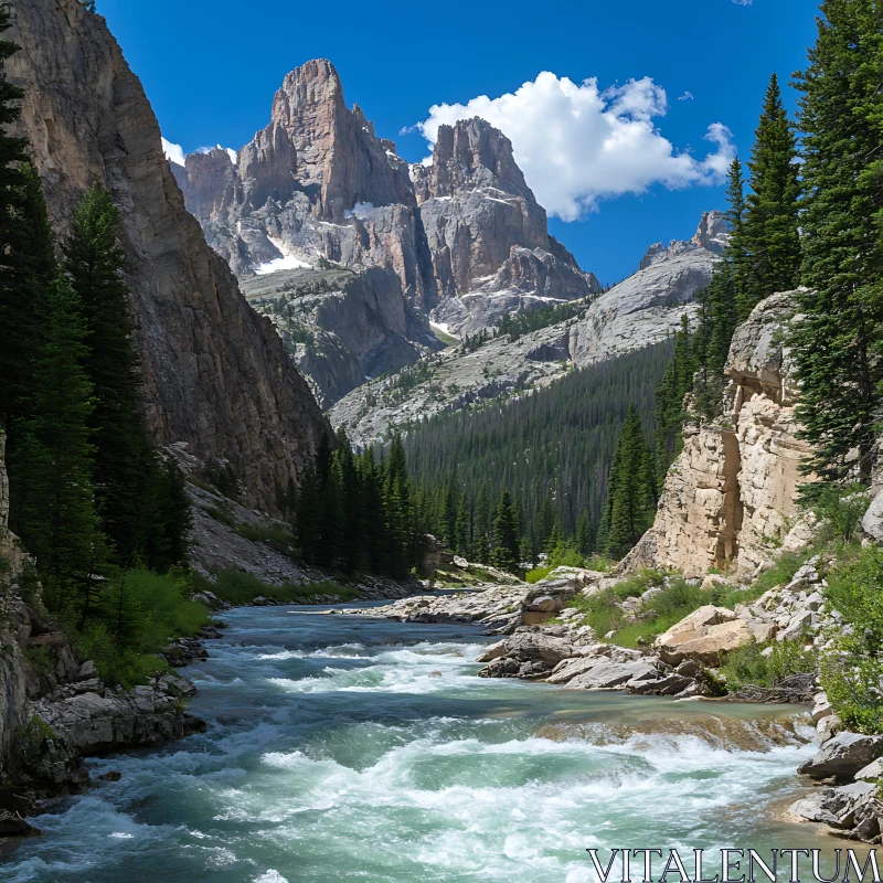 Mountainous Scenery Featuring River and Pine Forest AI Image