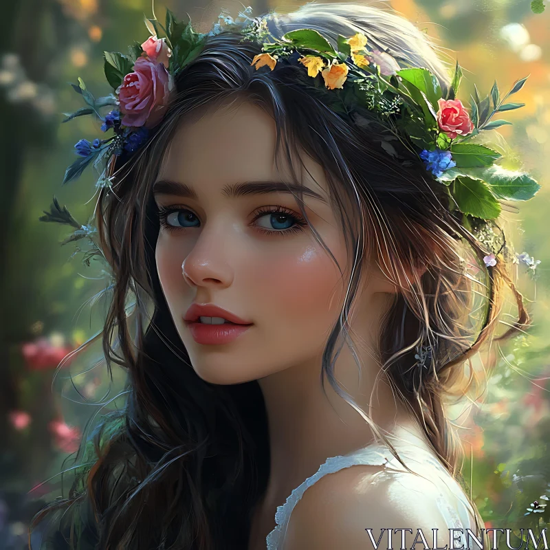 Flower-Crowned Beauty in Natural Setting AI Image